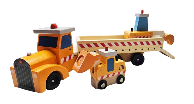 AUTO DREWNIANE TRUCK ZESTAW 3 AUT KOPARKA PRZYCZEPA 44CM E2353 EMAJ