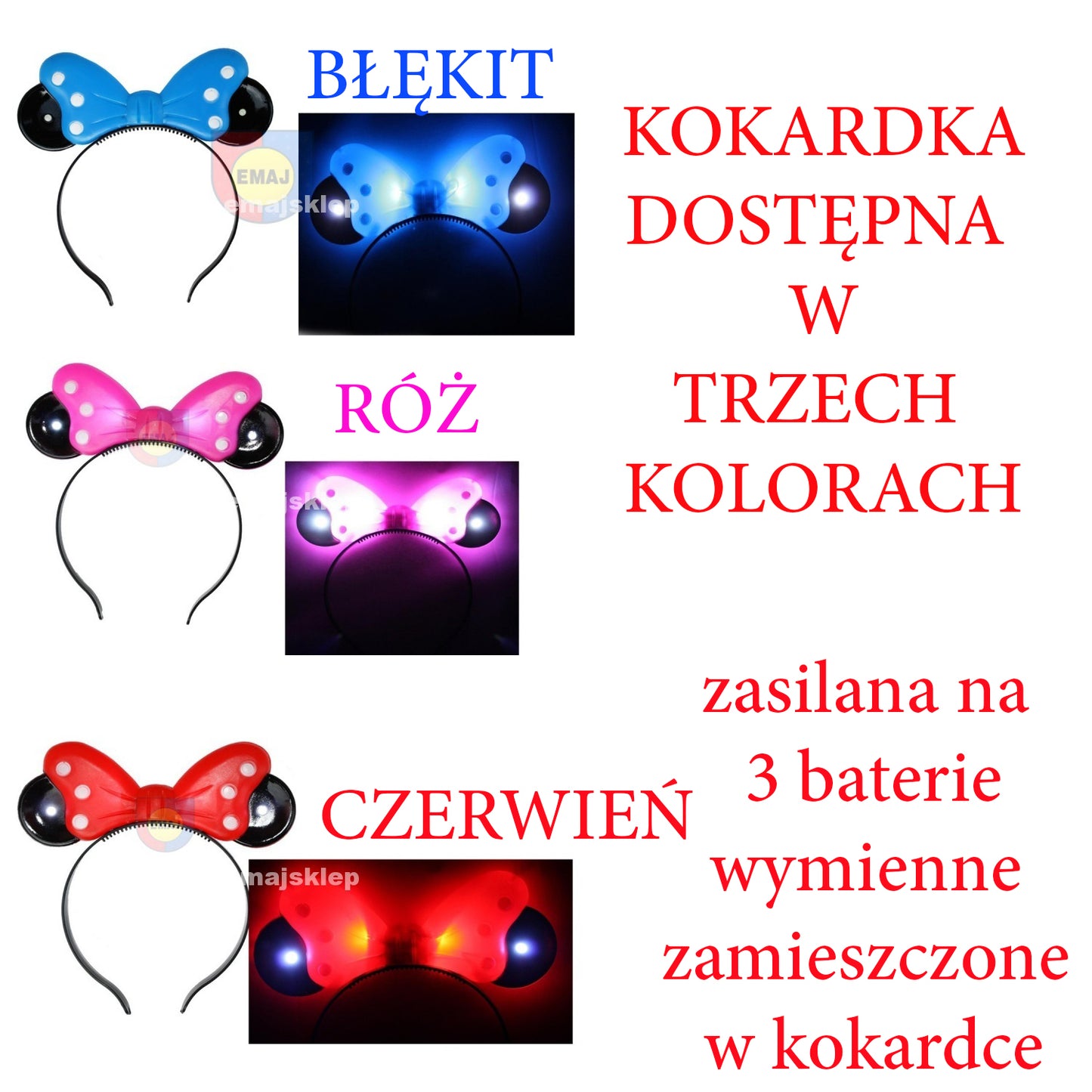 ŚWIECĄCA KOKARDKA USZY Myszka MIKI LED ŚWIECĄCE GADŻETY E0009 EMAJ