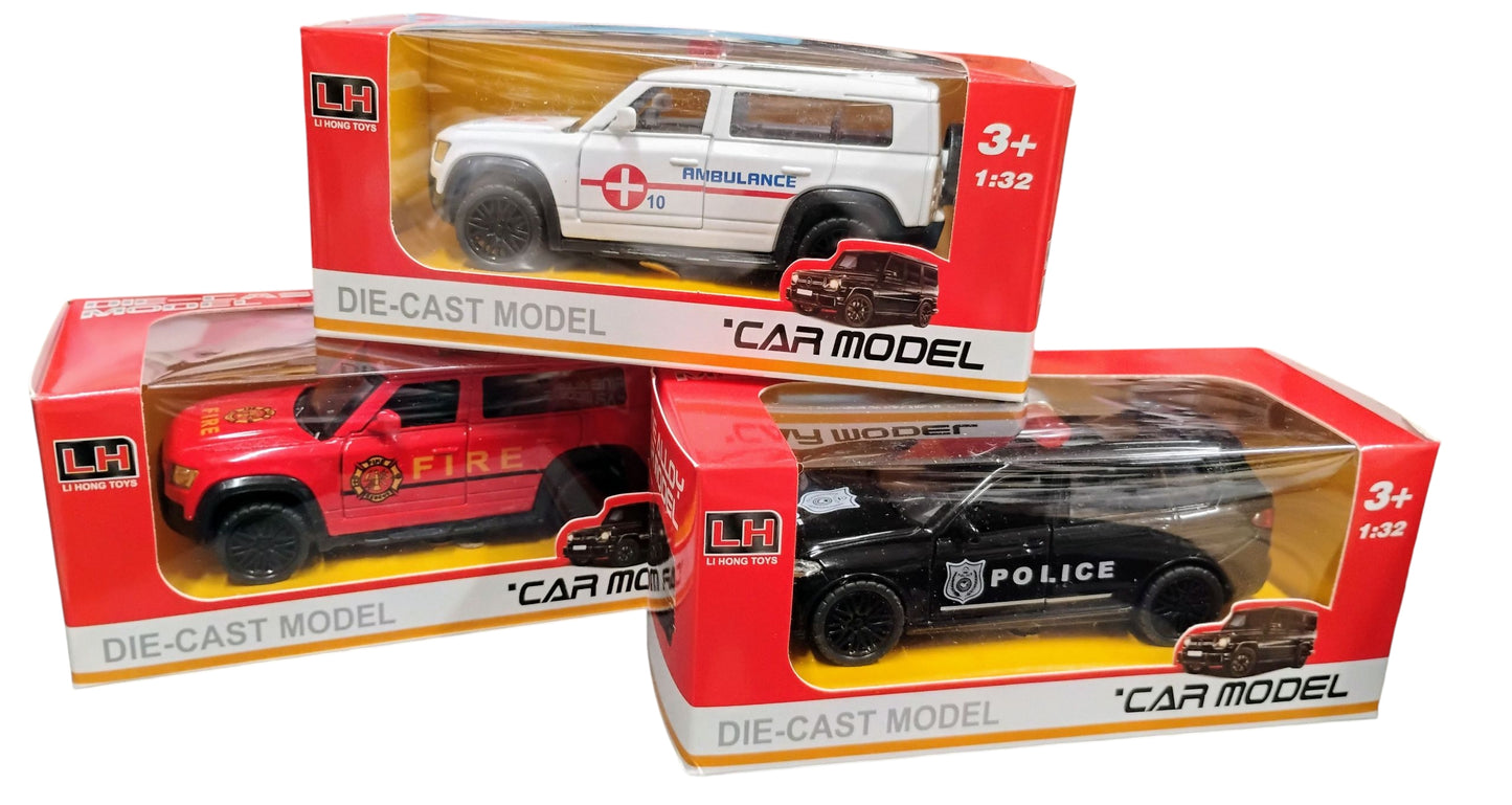 AUTO METAL 12CM POLICJA STRAŻ AMBULANS PULL-BACK DŹWIĘK,SWIATŁA E2521 EMAJ