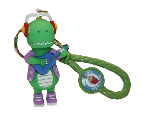 BRELOK DINOZAUR W SŁUCHAWKACH Z GITARĄ Z DESKOROLKĄ 8CM GUMOWY E1946 EMAJ