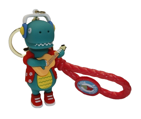 BRELOK DINOZAUR W SŁUCHAWKACH Z GITARĄ Z DESKOROLKĄ 8CM GUMOWY E1946 EMAJ