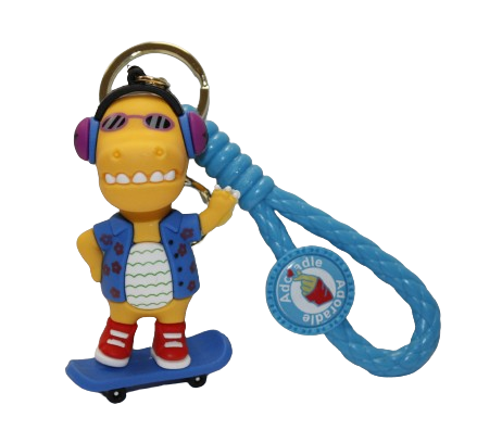 BRELOK DINOZAUR W SŁUCHAWKACH Z GITARĄ Z DESKOROLKĄ 8CM GUMOWY E1946 EMAJ