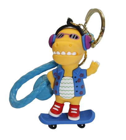 BRELOK DINOZAUR W SŁUCHAWKACH Z GITARĄ Z DESKOROLKĄ 8CM GUMOWY E1946 EMAJ