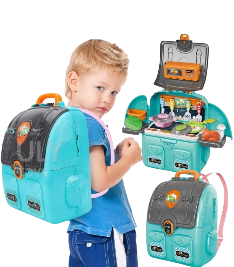 ZSTAW KUCHNIA 2W1 W PLECAKU NIEBIESKI KOMPLET TALERZE GARNKI WARZYWA 36CM E1352