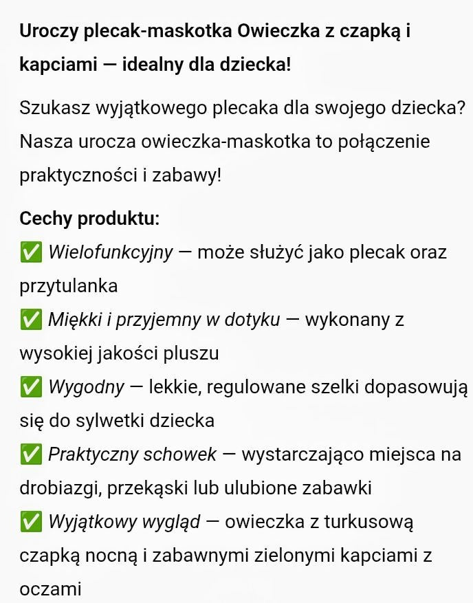 PLECAK OWIECZKA PLECACZEK PRZYTUALNKA 2W1 35cm E1233 EMAJ