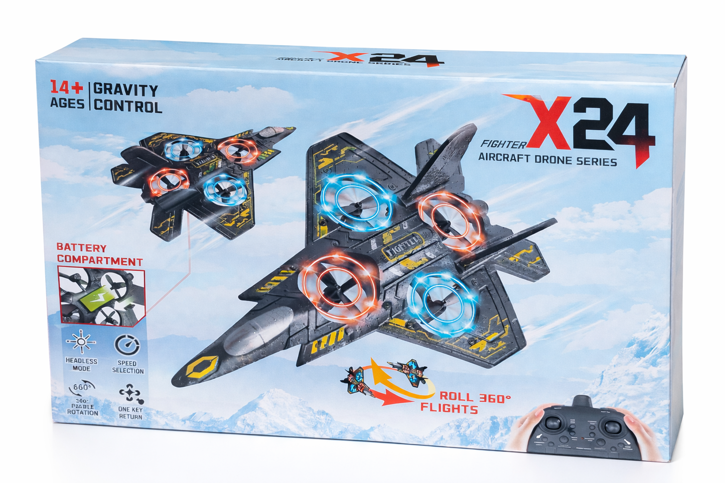 DRON MYŚLIWIEC X24 LED RC SAMOLOT 360° USB PILOT+ AKCESORIA 25CM E2508 EMAJ