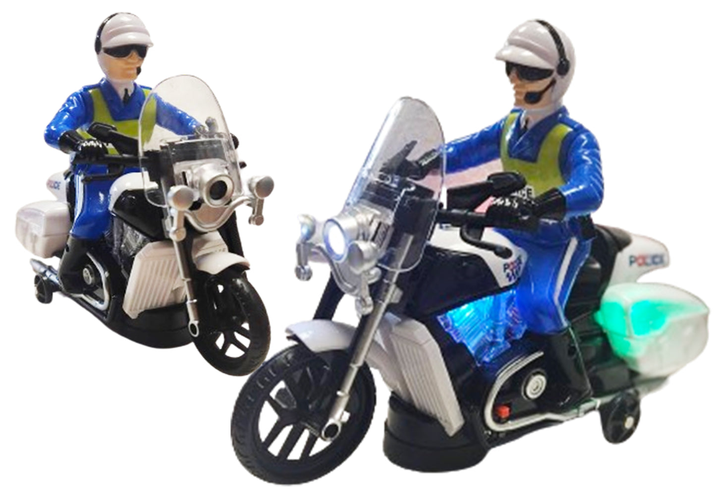 MOTOR POLICJA Z POLICJANEM WESOŁA MUZYKA PODŚWIETLENIA KOLOROWE 20CM E2011