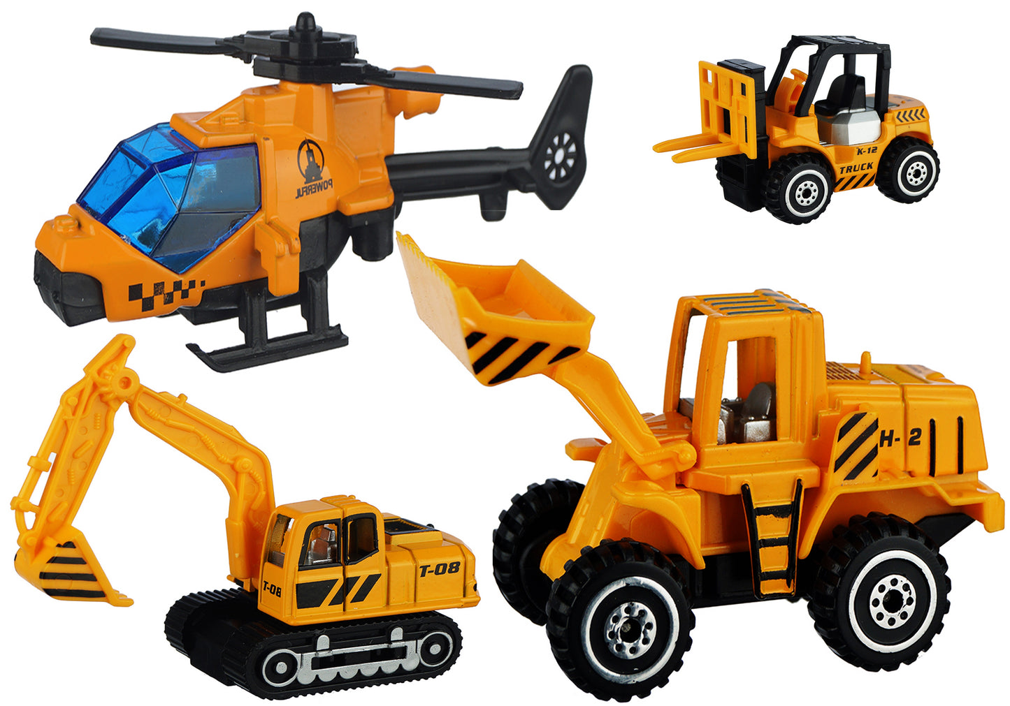 ZESTAW 6 POJAZDÓW BUDOWLANYCH I HELIKOPTER METALOWYCH RUCHOME ELEMNTY E0735 EMAJ