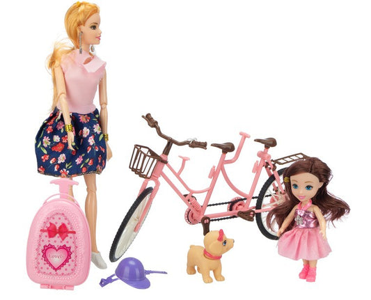 Zestaw laleczka z dzieckiem na rowerze duo wraz z akcesoriami kask plecak E0813 Emaj