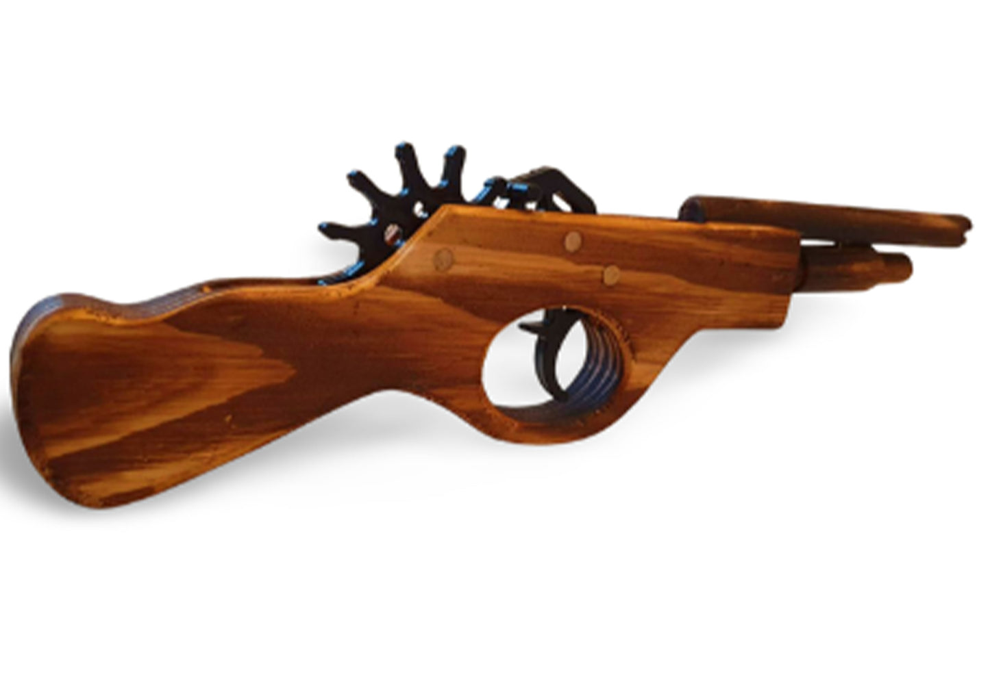 PISTOLET DWULUFOWY DREWNIANY Z KOŁOWROTKIEM DLA KOWBOJA IMITUJĄCYM STRZAŁY 30CM EMAJ