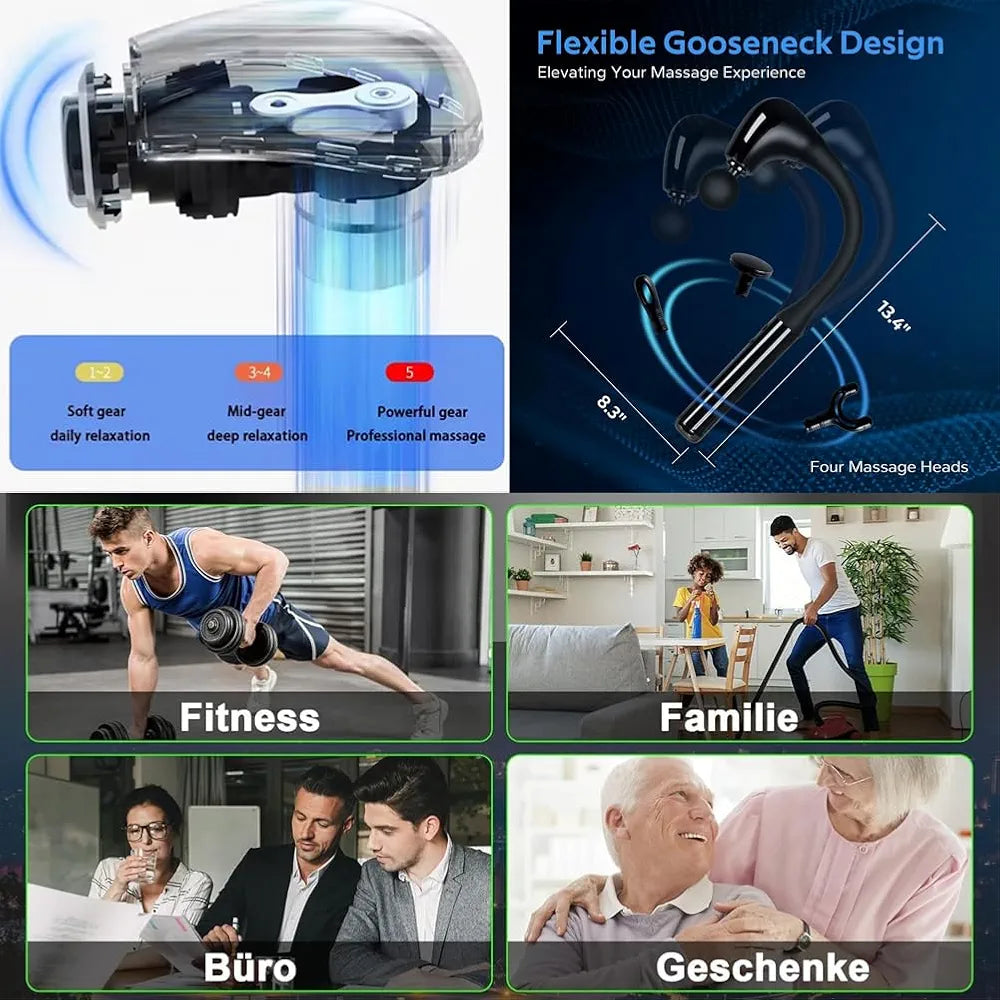 MASAŻER PISTOLETOWY MDHL MASAŻ MIĘŚNI 5 PRĘDKOŚCI 4 GŁOWICE E2570 EMAJ