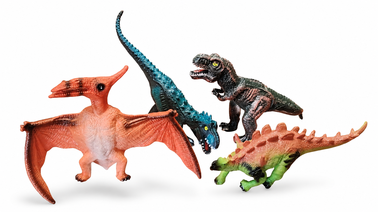 ZESTAW 4 SZTUK DINOZAURÓW GUMOWYCH 25–30CM MIĘKKIE FIGURKI DINO E1186 EMAJ