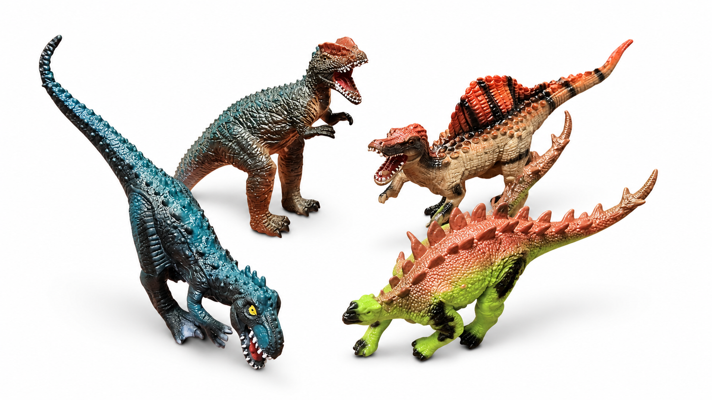 ZESTAW 4 SZTUK DINOZAURÓW GUMOWYCH 25–30CM MIĘKKIE FIGURKI DINO E1186 EMAJ