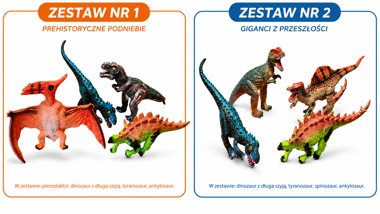 ZESTAW 4 SZTUK DINOZAURÓW GUMOWYCH 25–30CM MIĘKKIE FIGURKI DINO E1186 EMAJ