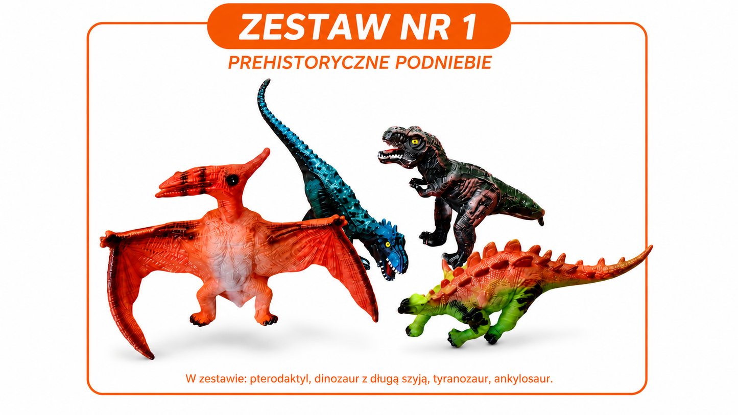 ZESTAW 4 SZTUK DINOZAURÓW GUMOWYCH 25–30CM MIĘKKIE FIGURKI DINO E1186 EMAJ