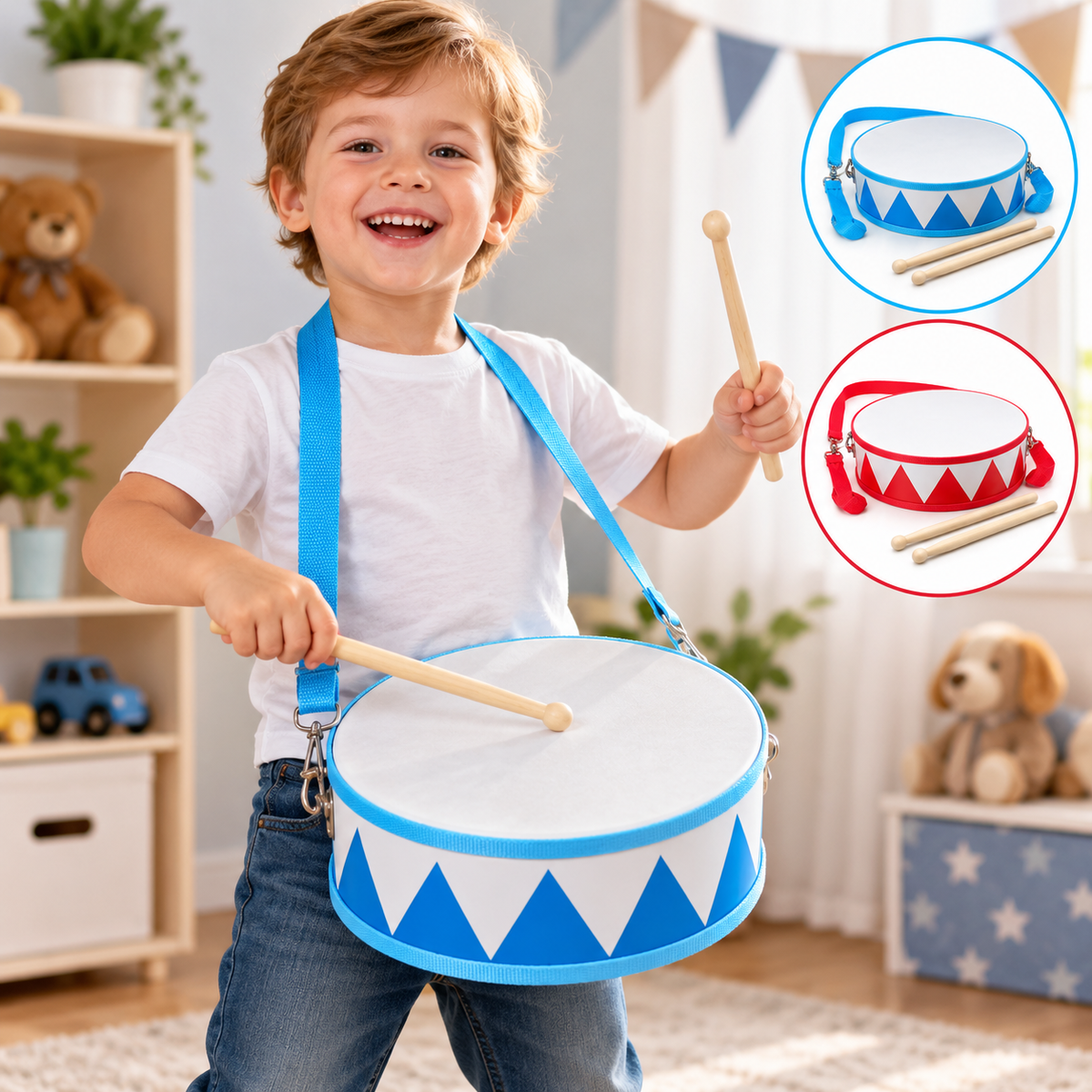 MUZYCZNY BĘBENEK DLA DZIECI Z PAŁECZKAMI 25CM + PASEK 2 KOLORY E2810 EMAJ