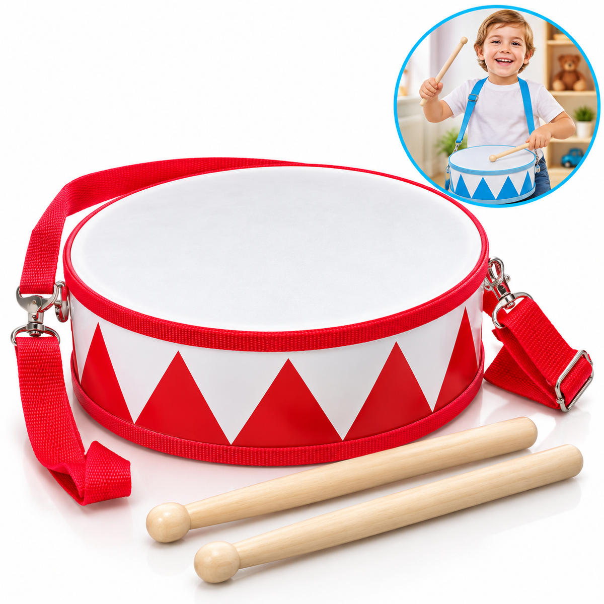 MUZYCZNY BĘBENEK DLA DZIECI Z PAŁECZKAMI 25CM + PASEK 2 KOLORY E2810 EMAJ
