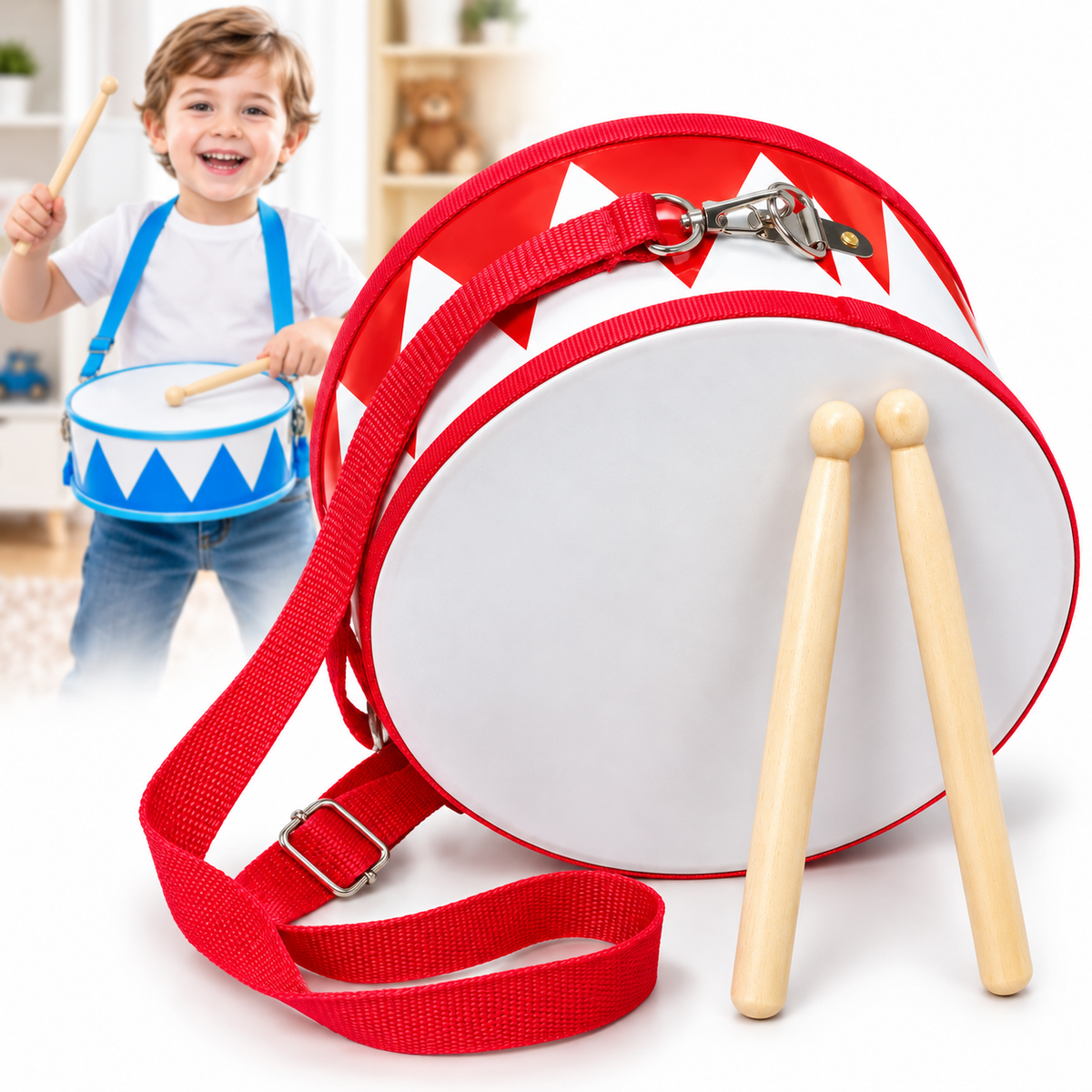 MUZYCZNY BĘBENEK DLA DZIECI Z PAŁECZKAMI 25CM + PASEK 2 KOLORY E2810 EMAJ