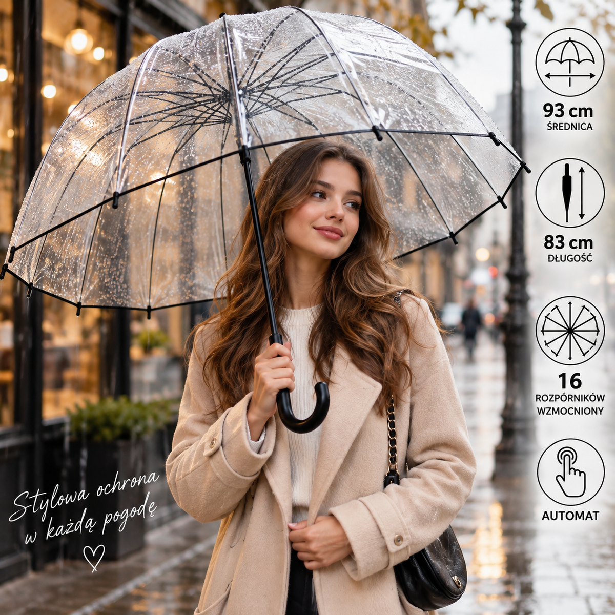 PARASOL PRZEZROCZYSTY Z CZARNYM WYKOŃCZENIEM 93CM 16 ROZPÓRNIKÓW E2021 EMAJ