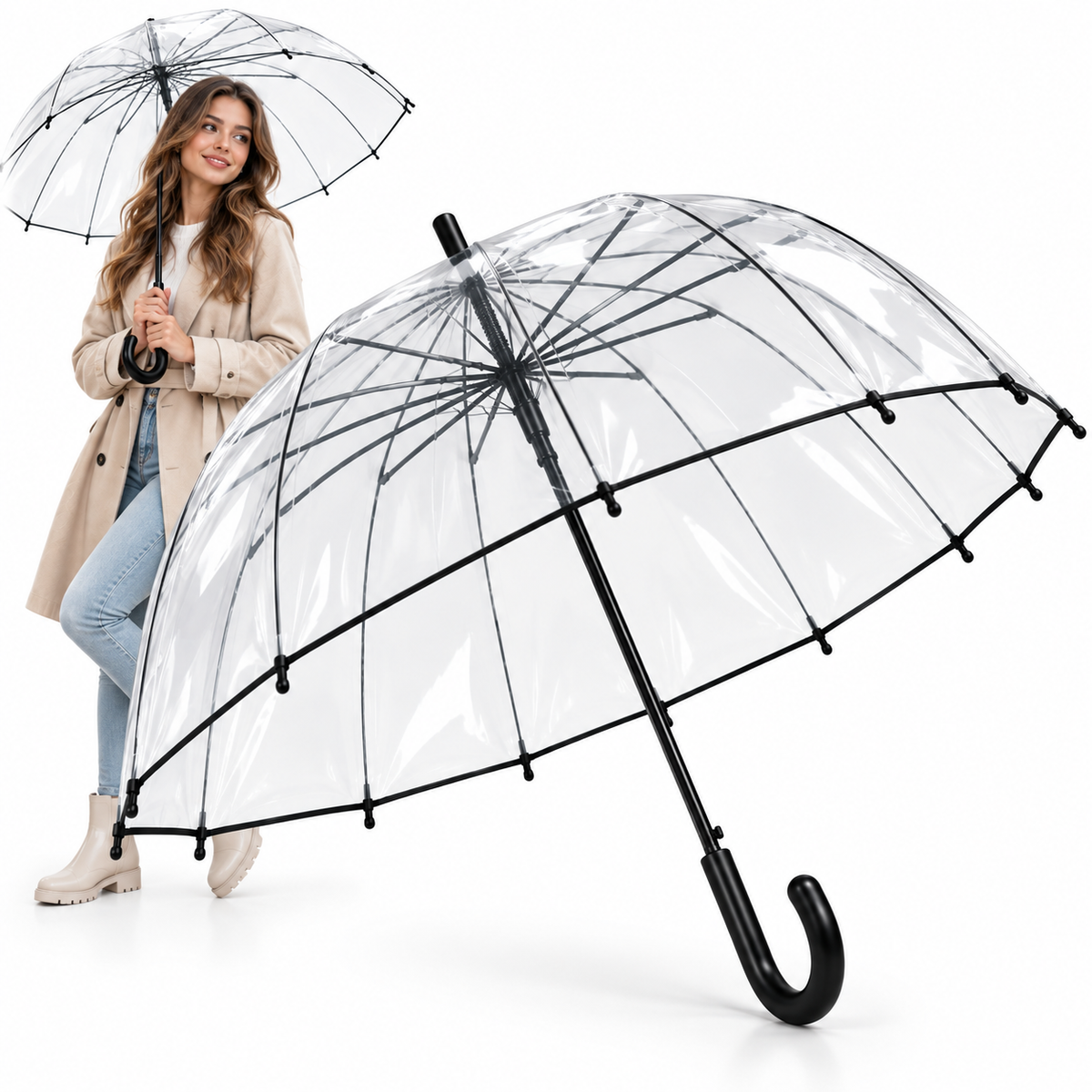 PARASOL PRZEZROCZYSTY Z CZARNYM WYKOŃCZENIEM 93CM 16 ROZPÓRNIKÓW E2021 EMAJ