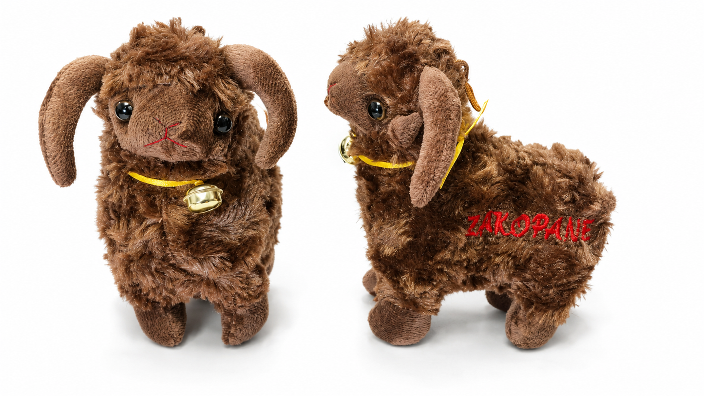 MASKOTKA OWIECZKA BRĄZOWA 17CM – OWCA ZAKOPANE, BECZĄCA Z DZWONECZKIEM E2784 EMAJ