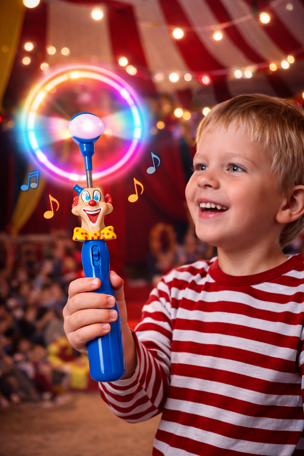 ŚWIECĄCY WIATRACZEK LED KLAUN Z CYRKU 24cm MUZYKA + ŚWIATŁO E2612 EMAJ