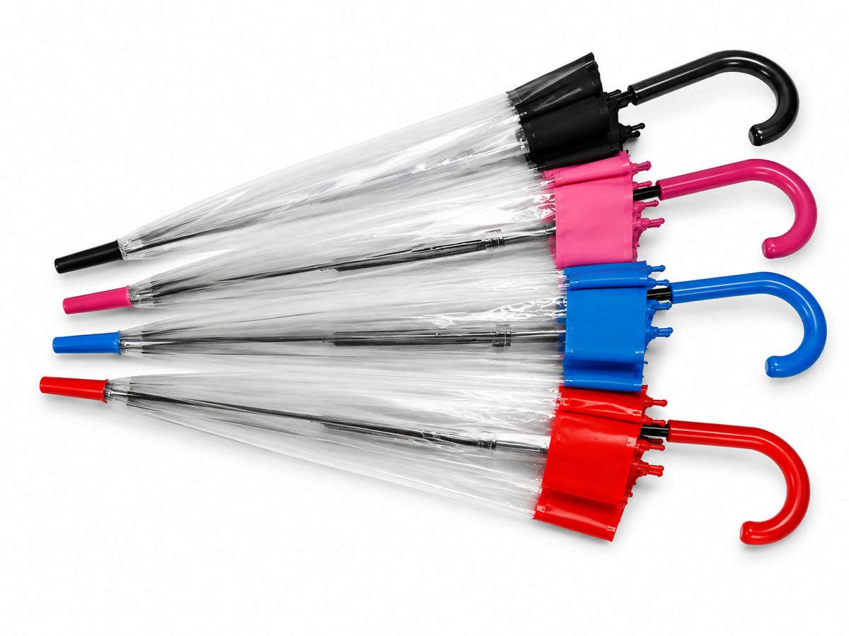 PARASOL DZIECIĘCY TRANSPARENTNY Z KOLOROWĄ OBWOLUTĄ ŚR 85CM E2024 EMAJ