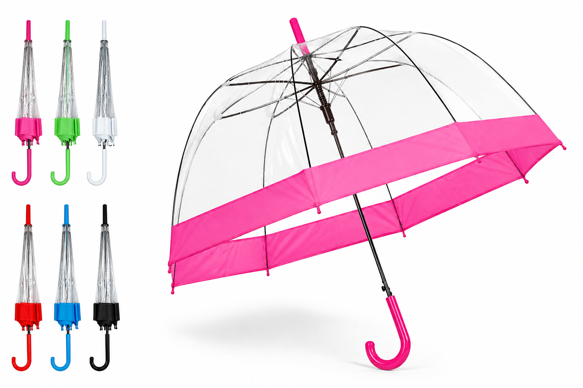 PARASOL DZIECIĘCY TRANSPARENTNY Z KOLOROWĄ OBWOLUTĄ ŚR 85CM E2024 EMAJ