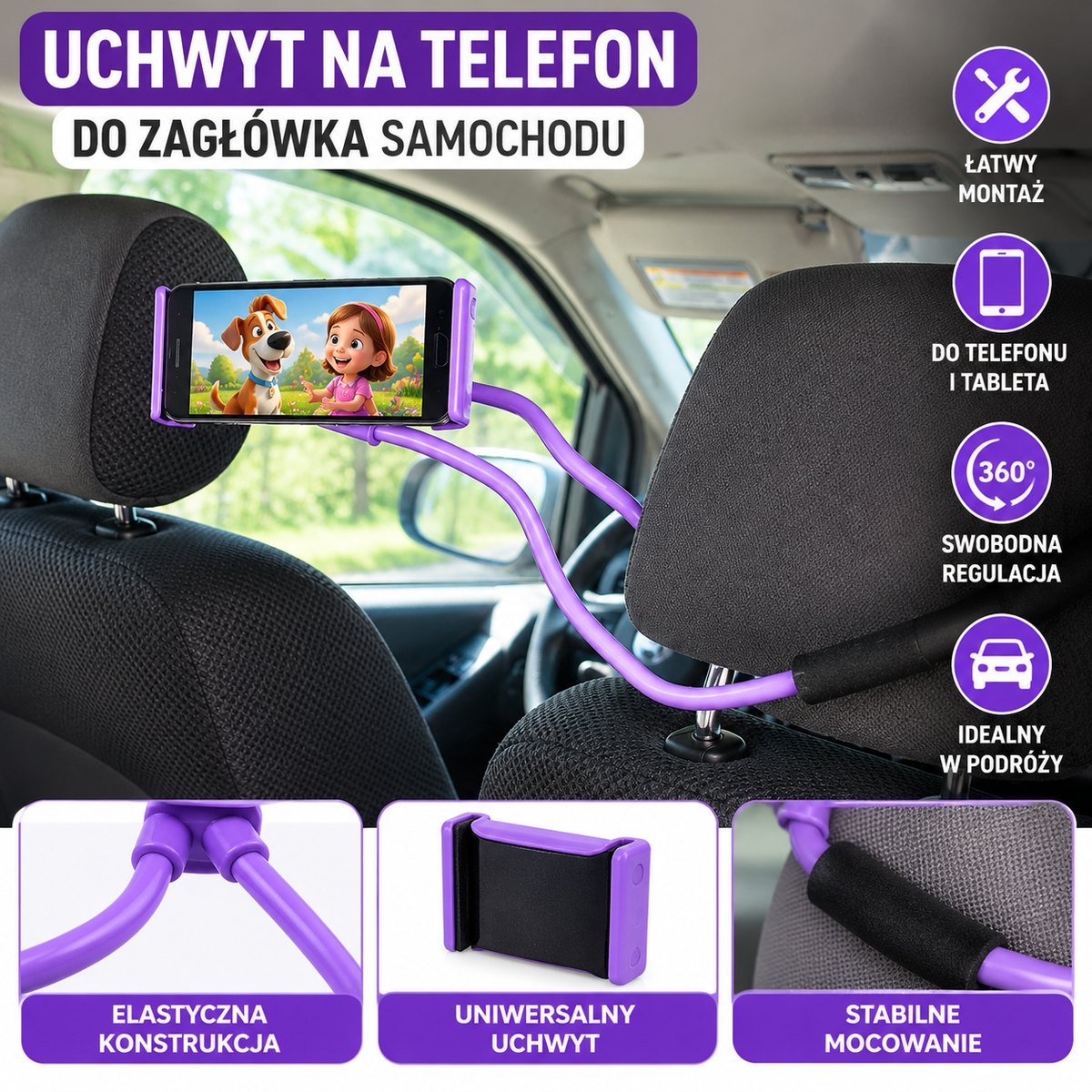 UCHWYT NA TELEFON DO AUTA ELASTYCZNY UNIWERSALNE ZASTOSOWANIE E0679 EMAJ
