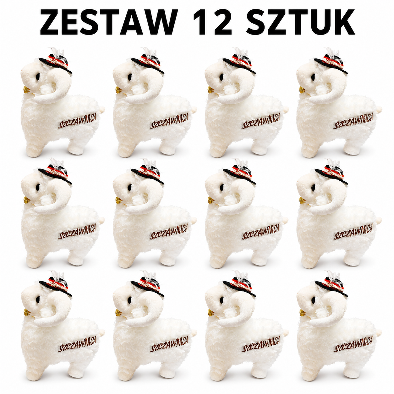 MASKOTKA OWIECZKA W GÓRALSKIM KAPELUSZU– ZESTAW 12 SZTUK BECZĄCA OWCA SZCZAWNICA 17CM E0766 EMAJ