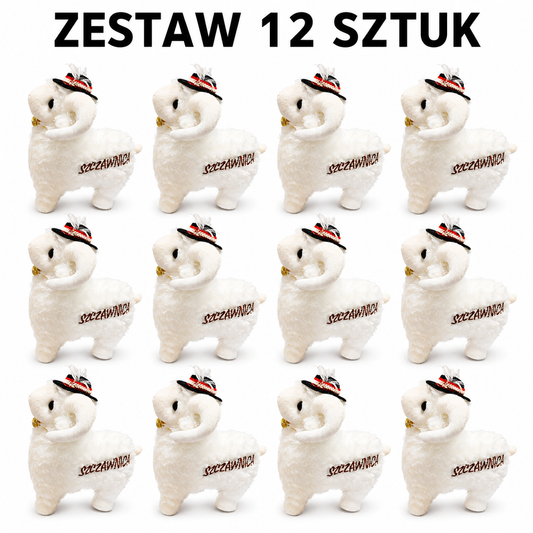 MASKOTKA OWIECZKA W GÓRALSKIM KAPELUSZU– ZESTAW 12 SZTUK BECZĄCA OWCA SZCZAWNICA 17CM E0766 EMAJ