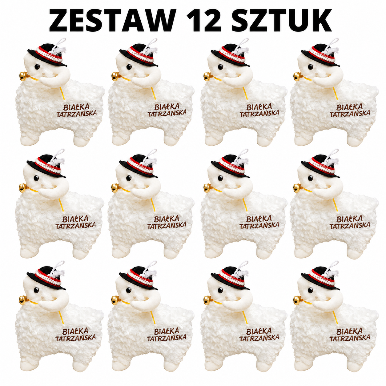 MASKOTKA OWIECZKA W GÓRALSKIM KAPELUSZU– ZESTAW 12 SZTUK BECZĄCA OWCA BIAŁKA TATRZAŃSKA17CM E0766 EMAJ