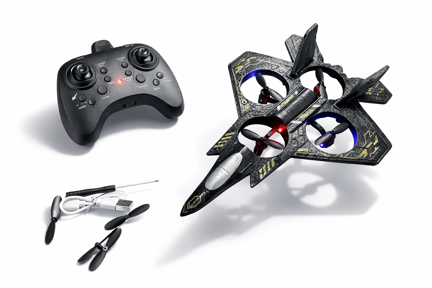 DRON MYŚLIWIEC X24 LED RC SAMOLOT 360° USB PILOT+ AKCESORIA 25CM E2508 EMAJ