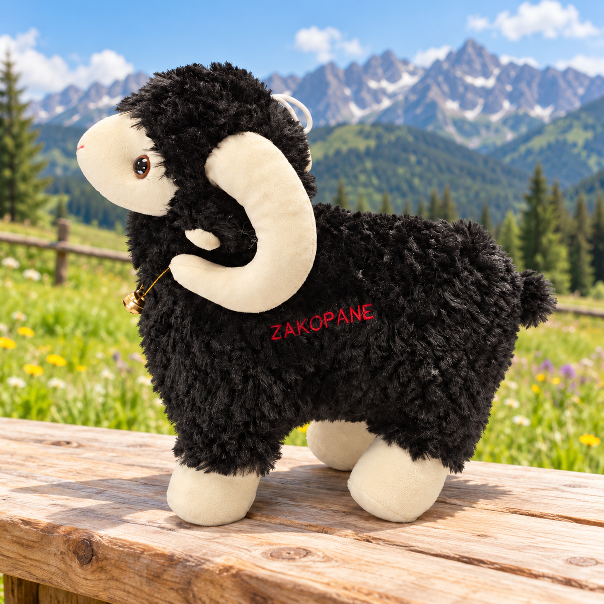 BARANEK PLUSZOWY CZARNY MASKOTKA  30CM BECZĄCY Z DZWONECZKIEM NAPIS ZAKOPANE E0860-B
