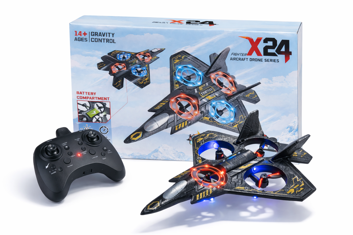 DRON MYŚLIWIEC X24 LED RC SAMOLOT 360° USB PILOT+ AKCESORIA 25CM E2508 EMAJ