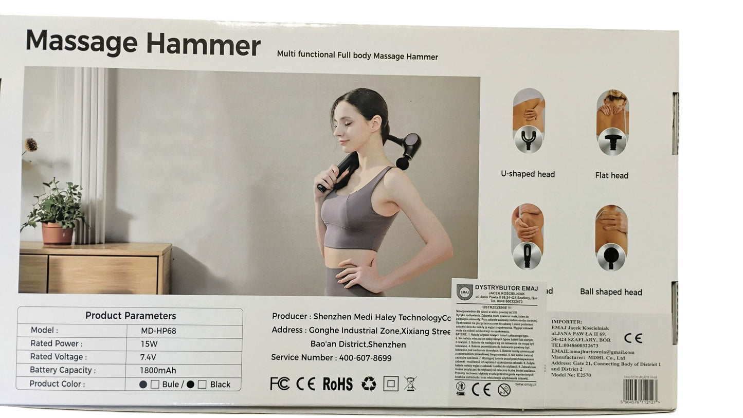 MASAŻER PISTOLETOWY MDHL MASAŻ MIĘŚNI 5 PRĘDKOŚCI 4 GŁOWICE E2570 EMAJ