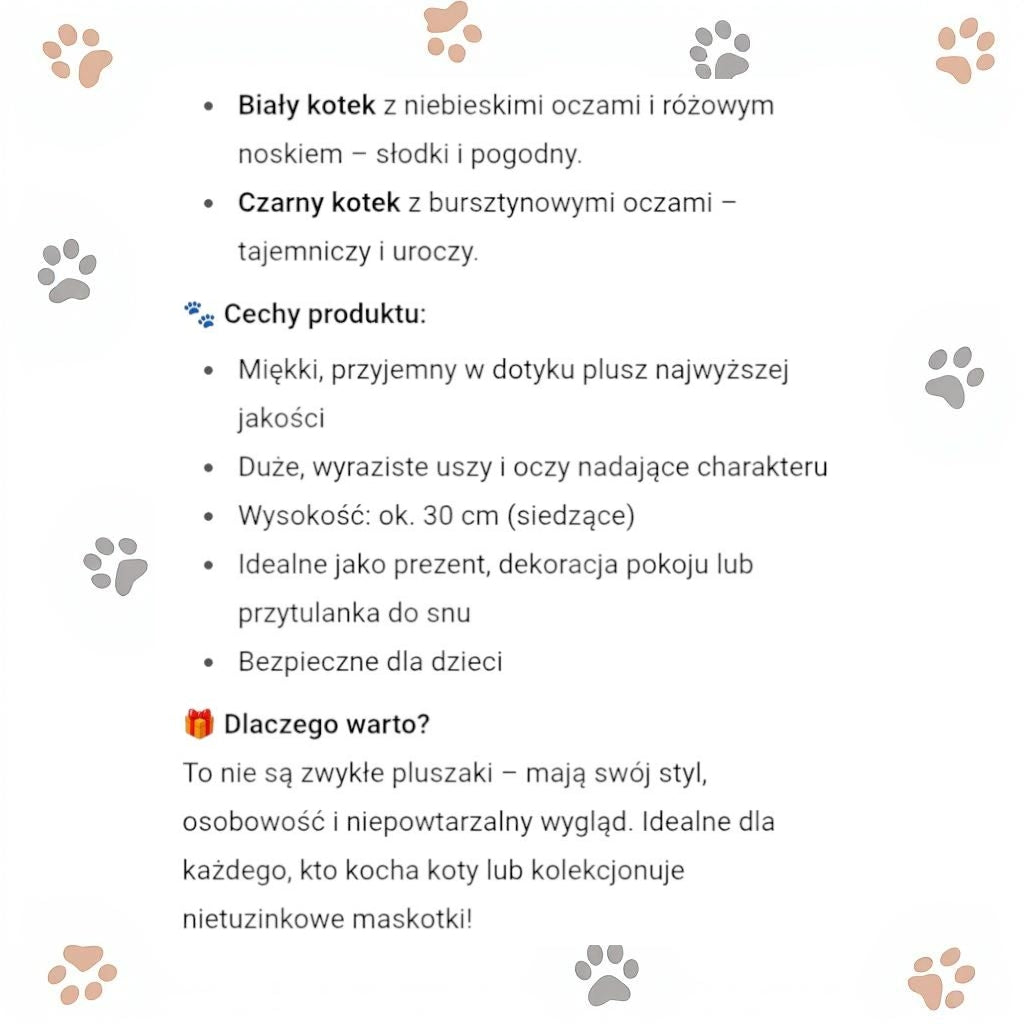 MASKOTKA PLUSZAK UNIKATOWY KOT BIAŁY LUB CZARNY DUŻE USZY 32CM E2689 EMAJ