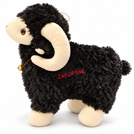 BARANEK PLUSZOWY CZARNY MASKOTKA  30CM BECZĄCY Z DZWONECZKIEM NAPIS ZAKOPANE E0860-B