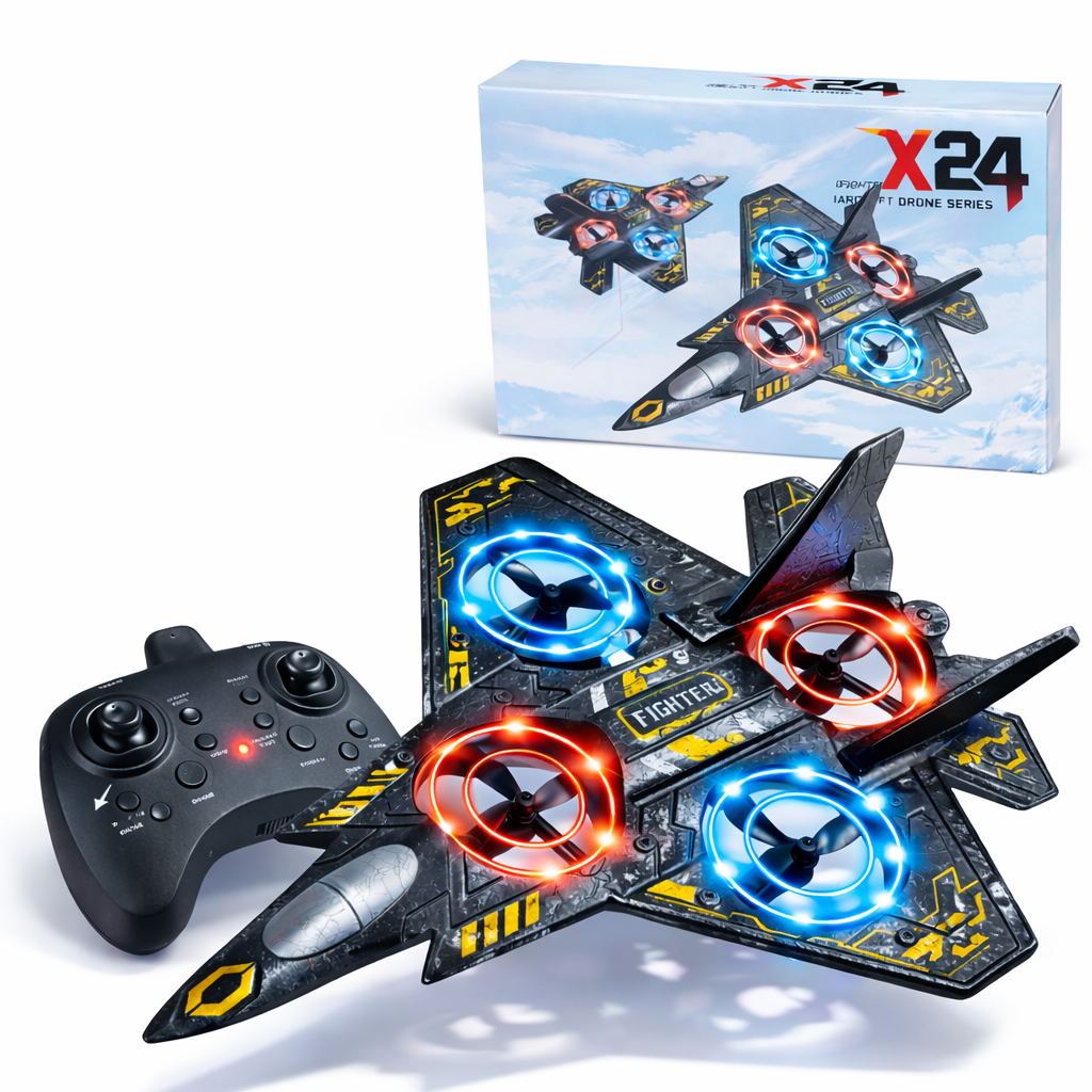 DRON MYŚLIWIEC X24 LED RC SAMOLOT 360° USB PILOT+ AKCESORIA 25CM E2508 EMAJ