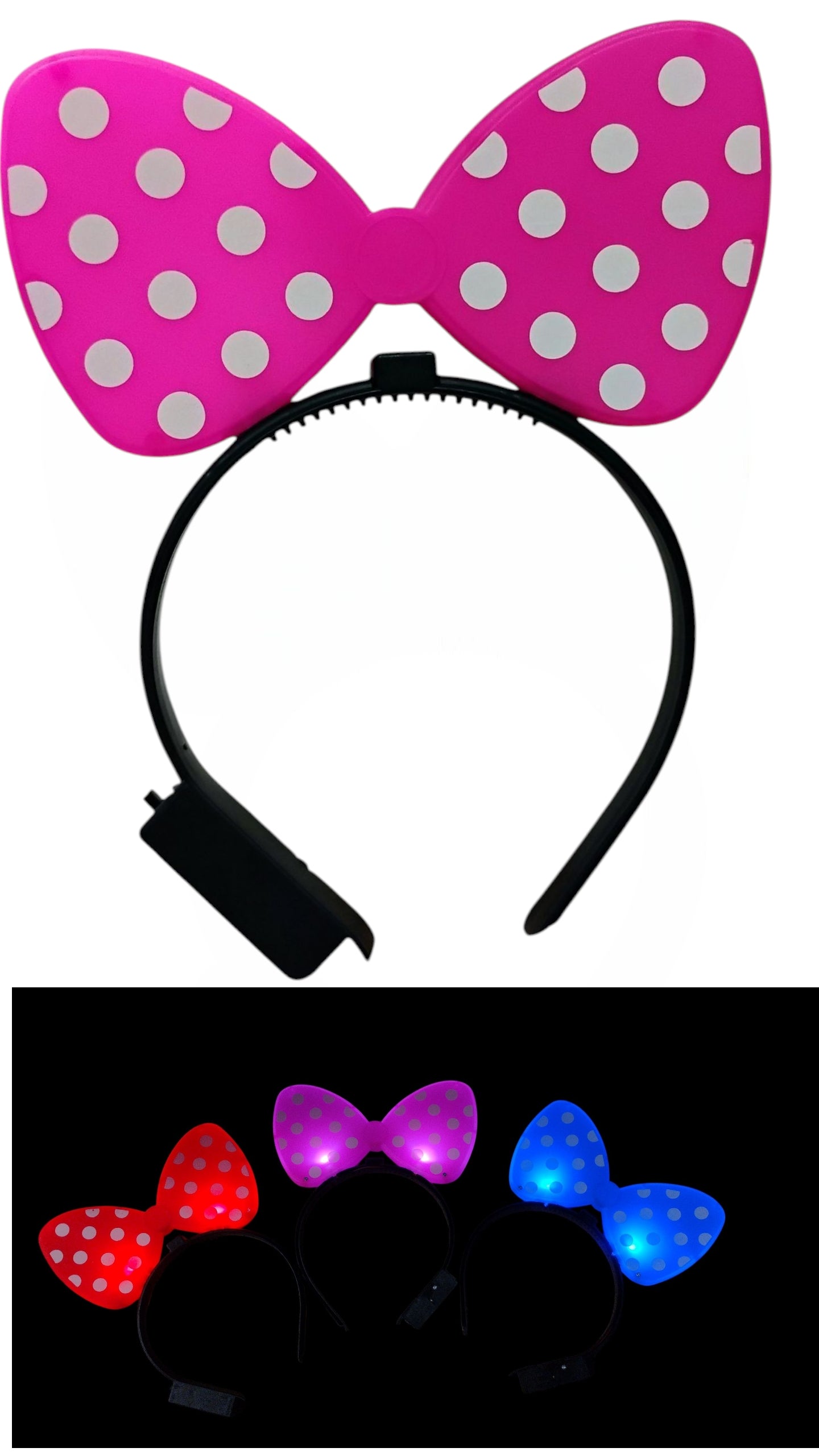 OPASKA LED KOKARDKA MYSZKA W GROSZKI ŚWIECĄCA 3 KOLORY DO WYBORU E0158 EMAJ